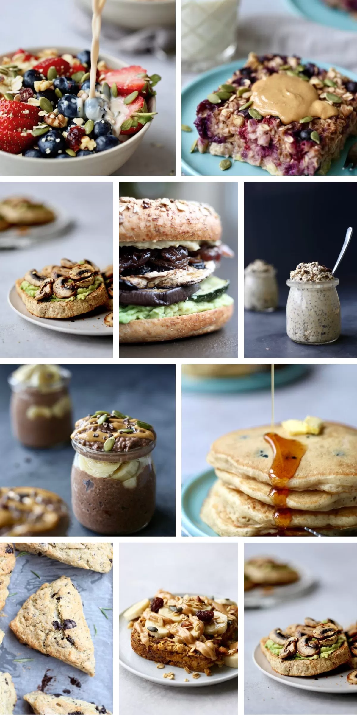 Collage showcasing diverse easy plant-based breakfast ideas.
