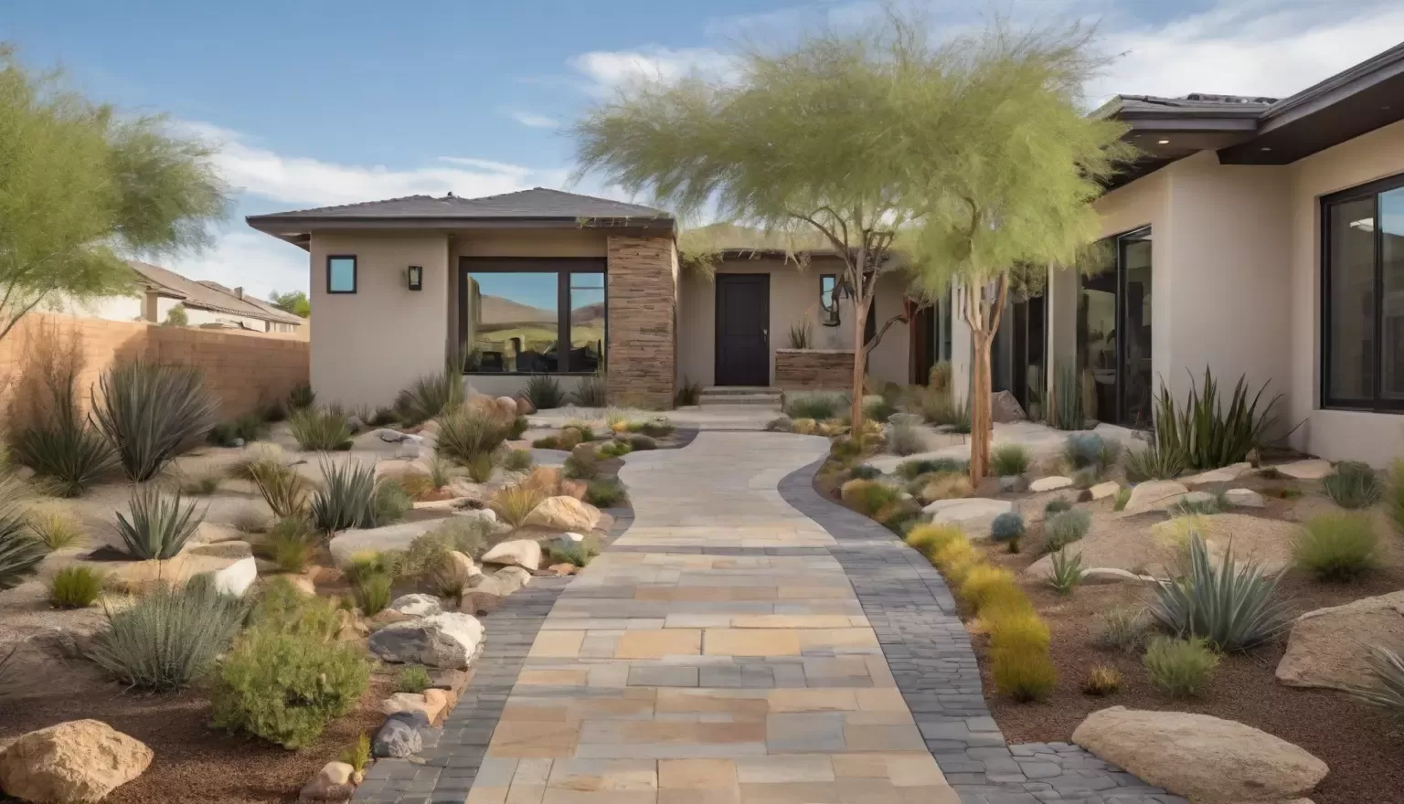 Curving paver walkway winding through a xeriscaped garden with rocks and drought-tolerant plants
