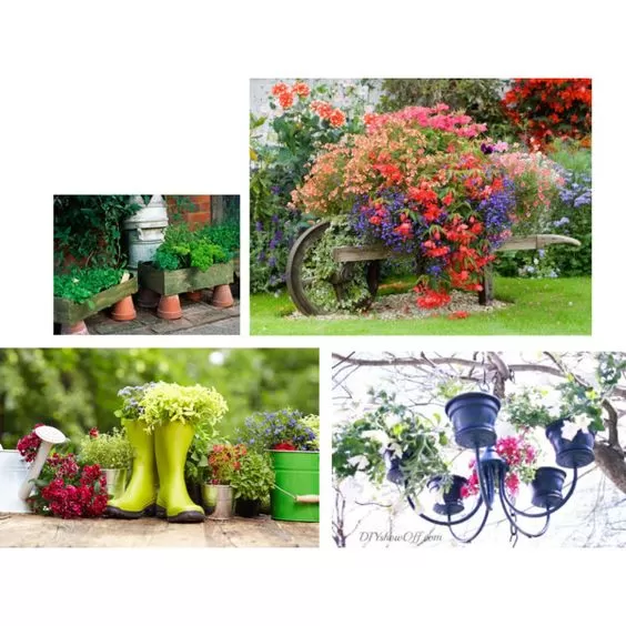 Overflowing cottage-style container garden with colorful flowers