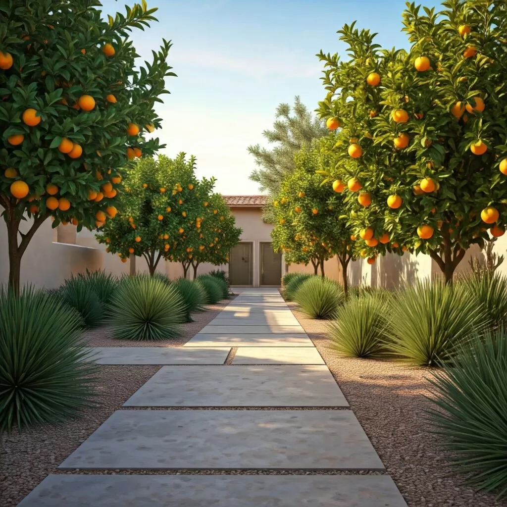 Minimalist garden design featuring fruit trees in a structured layout