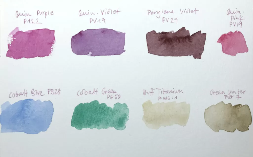 Vibrant purple and magenta paint swatches representing intense summer garden colors for a seasonal landscape color map.