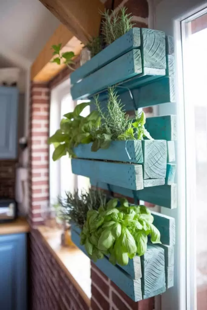Vertical wooden planter painted blue, mounted on a wall indoors, holding various herbs by a window with natural light. Brick and wood interior in the background.