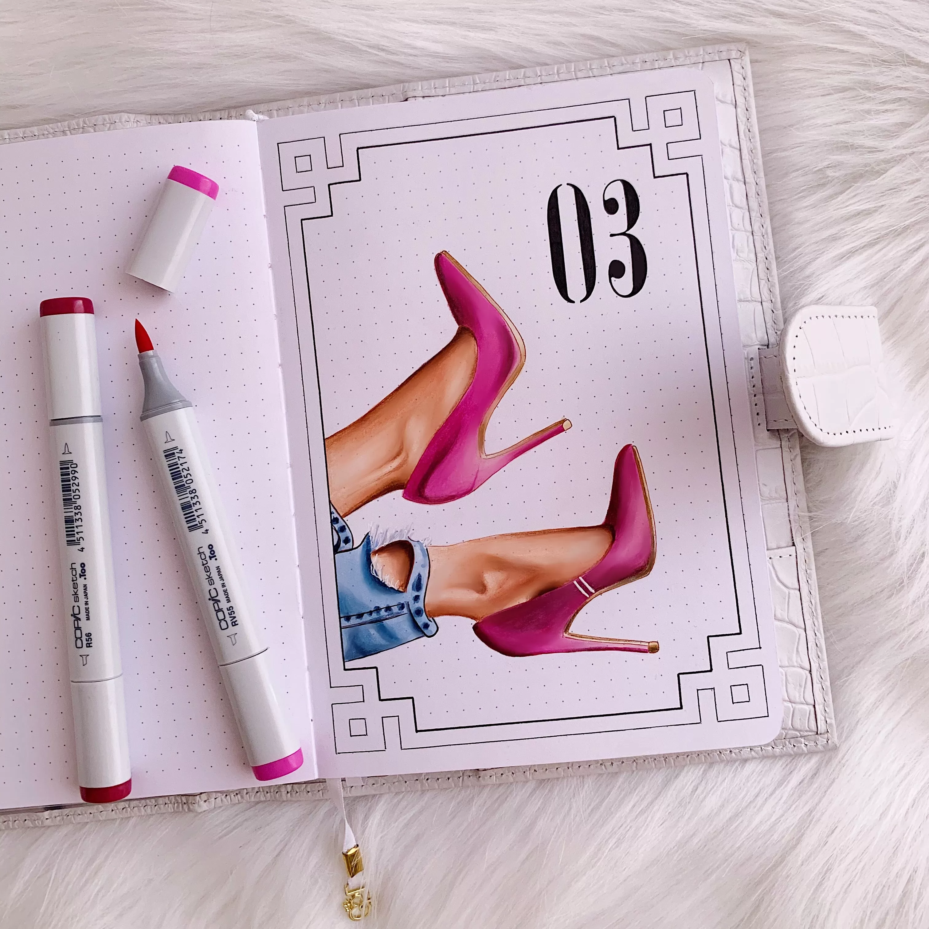 A bullet journal cover page featuring various stylized illustrations of shoes, suggesting creative themes and planning.