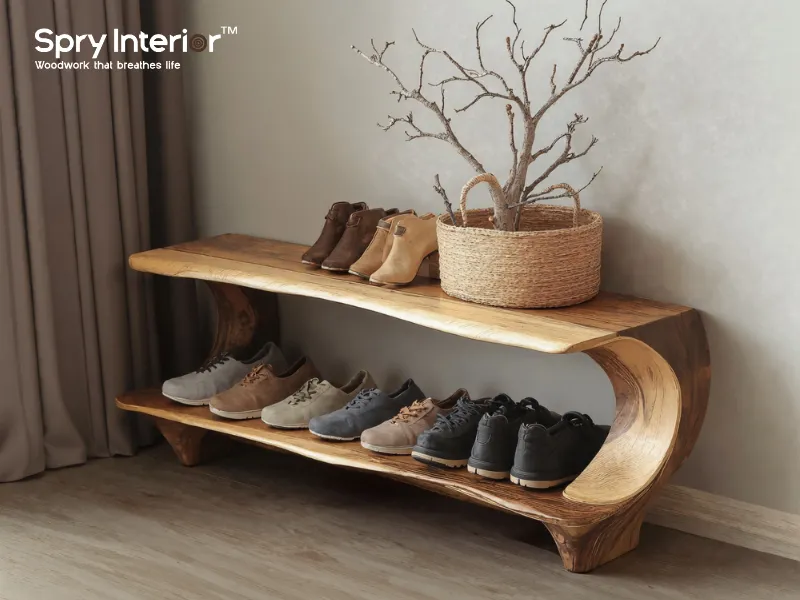 Wooden bench with open shelves designed for entryway storage